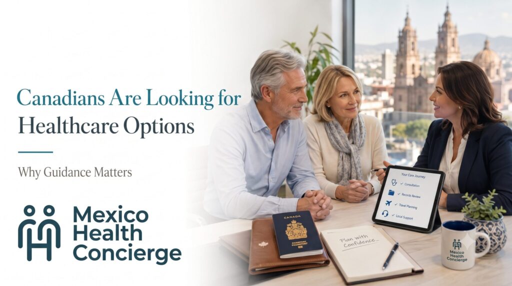 A Mexico Health Concierge representative guiding a Canadian couple through a private healthcare travel plan on a tablet, featuring a Canadian passport and the Guadalajara skyline.