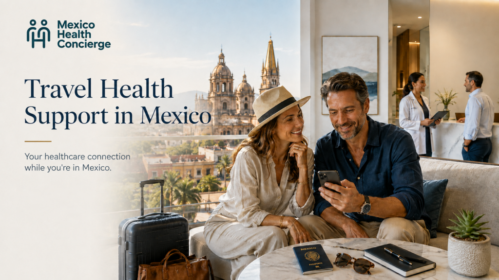 Travelers in Mexico using Mexico Health Concierge for travel health support, with luggage, a passport and private healthcare assistance.