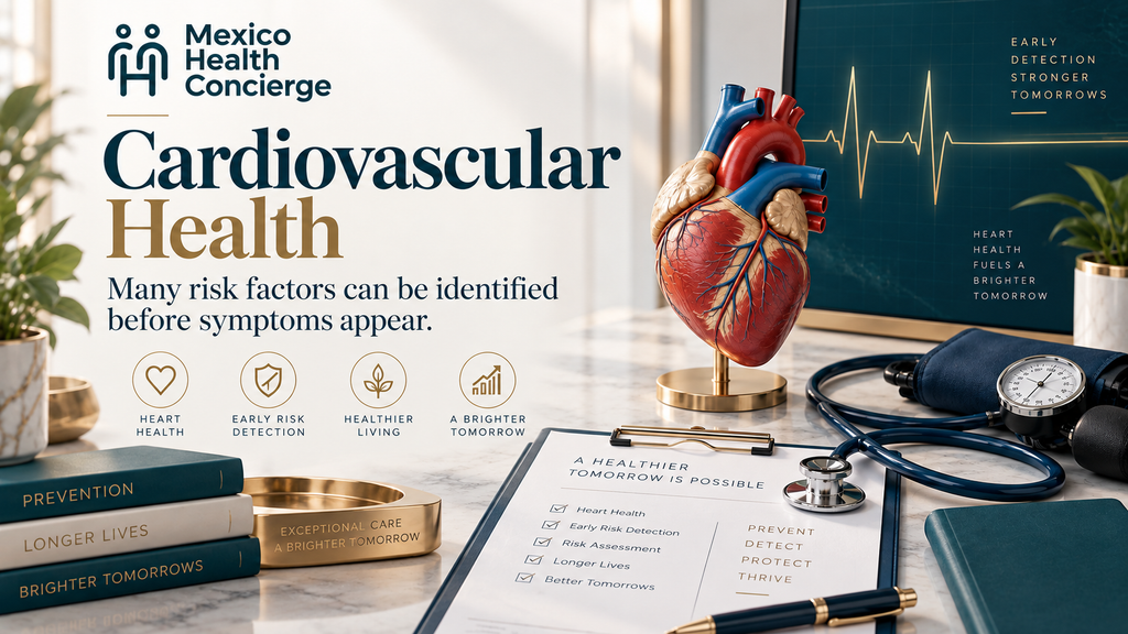 Cardiovascular health screening and early risk detection with Mexico Health Concierge, featuring heart, ECG and blood pressure monitoring.